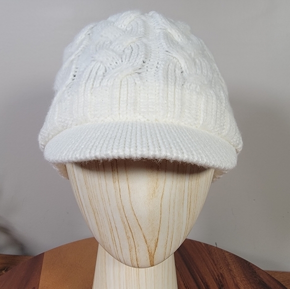 Adidas White Cable Knit Cap with Brim Fleece lined Winter Warm Cozy Women's OS - Picture 6 of 13
